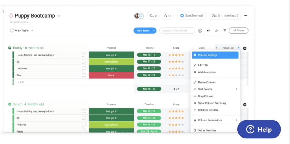 Choosing column settings on task board to sync with Google Calendar.