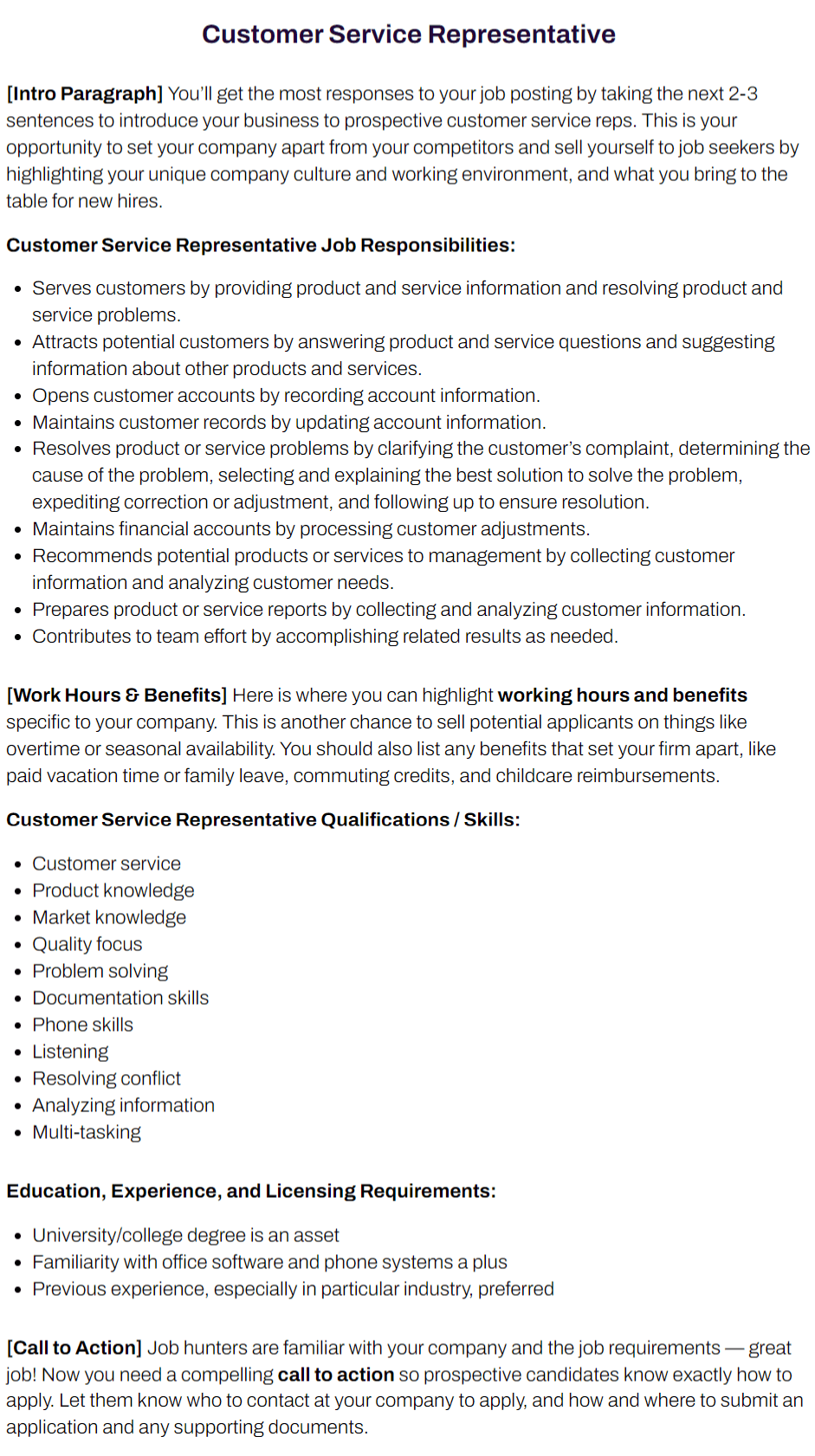 Job description template for customer service reps