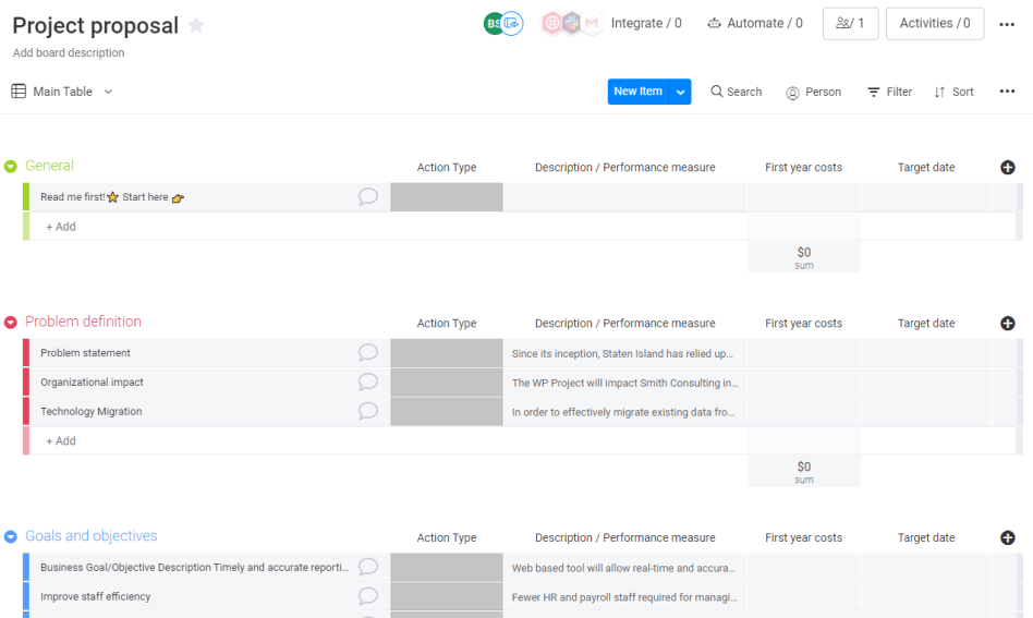 Project proposal template in monday UI