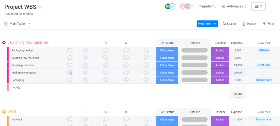 Project WBS template in monday UI