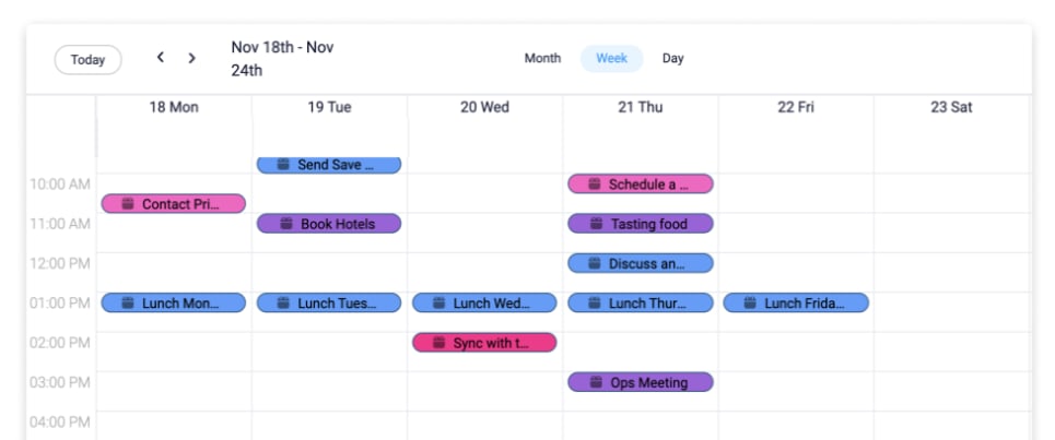 Screenshot from monday.com showing an example of the calendar view.