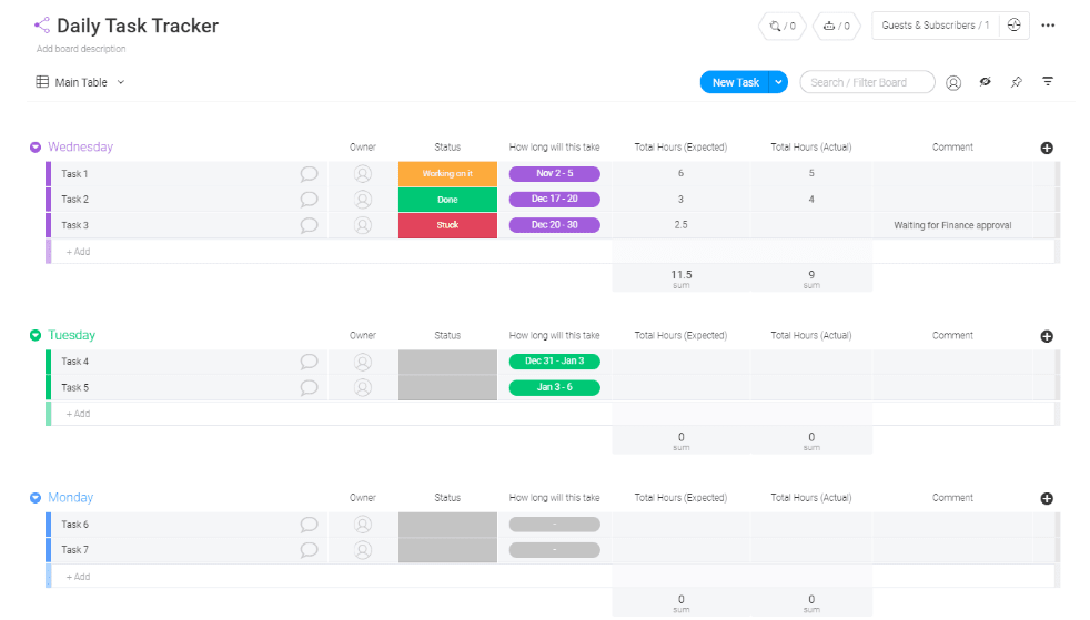 monday.com daily task tracker