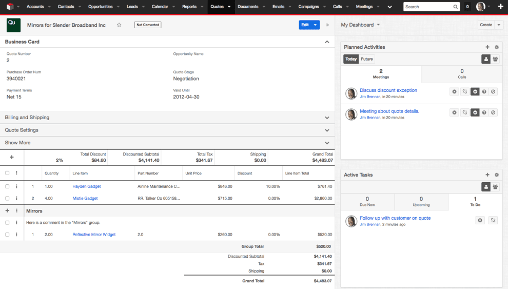 Snapshot of SugarCRM dashboard