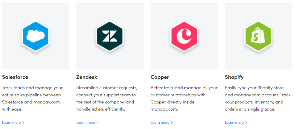 monday.com CRM integrations including Salesforce, Zendesk, Copper, and Shopify