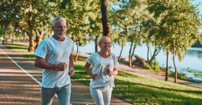 Residents of a retirement community go for a morning jog together