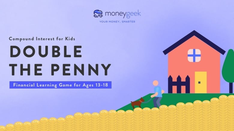 Compound interest for kids: double the penny learning game for ages 13-18. An illustrated teenager is walking the dog to earn money and learn compound interest works. 