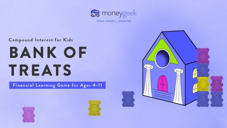 Compound interest for kids: bank of treats financial learning game for ages 4-11. You can build a paper bank and stack gummy bears, as shown on the right-hand side.