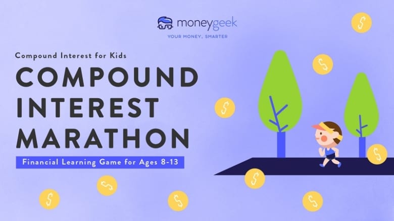 Compound interest for kids: compound interest marathon learning game for ages 8-13. An illustrated child is running around the block to earn money and learn how it compounds. 