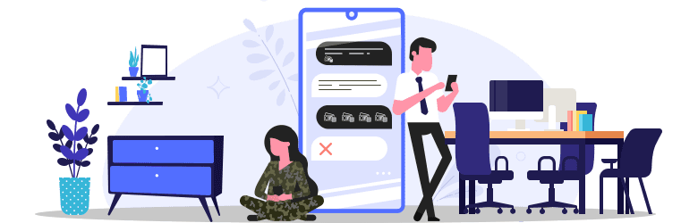 An illustration of a military woman texting with a professional scammer.