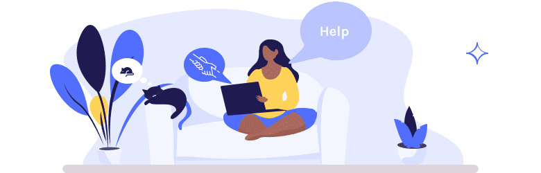 An Illustration of a young woman is sitting on her couch with her cat and is searching for help on her laptop.