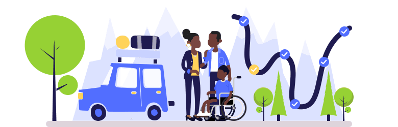 An illustration of a young couple and their child with disabilities are getting ready to go on their road trip. The car is packed, and the road is planned.