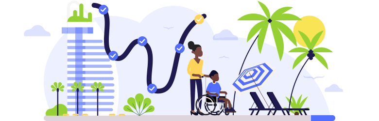 An illustration of a young mother taking her son, who has a disability, on a stroll around a beach.