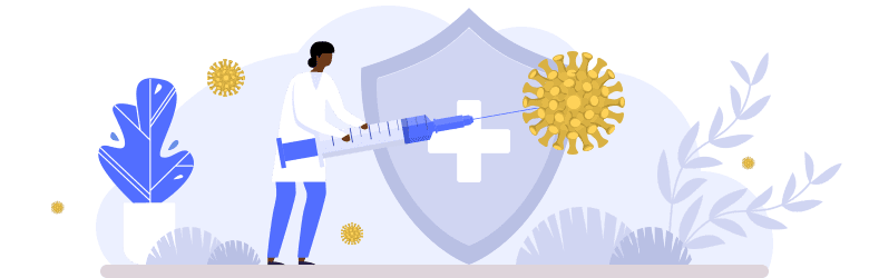 An illustration of a doctor holding a large syringe and injecting it into the coronavirus.