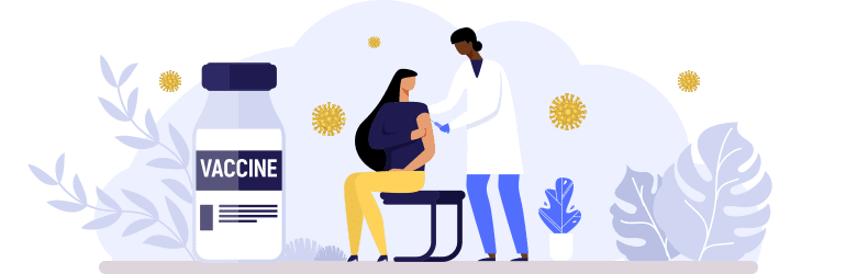 An illustration of a doctor giving a vaccine to a young woman on her left arm.