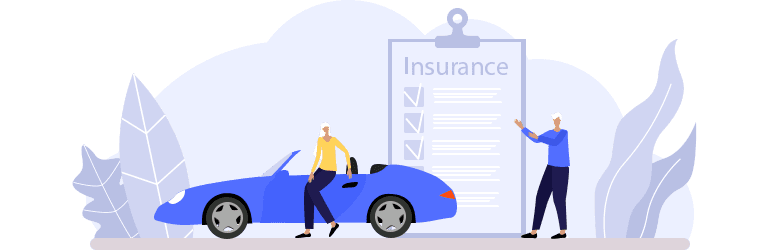 An illustration of an older woman sitting near a blue car with her husband who approves of their car insurance.