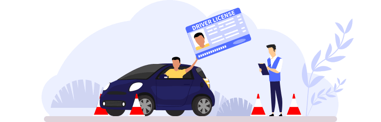 An illustration of a young man in his vehicle passing his driver’s test and holding up his driver’s license as his instructor is making final notes on the test.