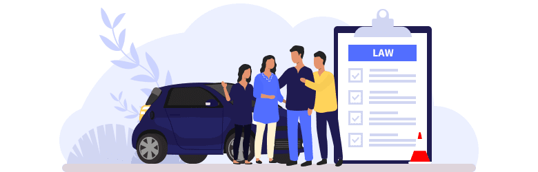 An illustration of parents and a younger sister hugging a young man who passed his driver’s test and now knows the driving laws and rules.