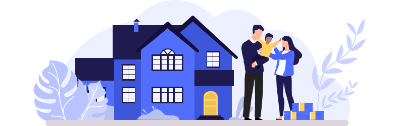 An illustration of a young man and woman standing in front of their home and hugging their foster child.