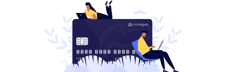 An illustration of a young man and woman searching for ways to build their credit on their laptops around a large MoneyGeek branded credit card.