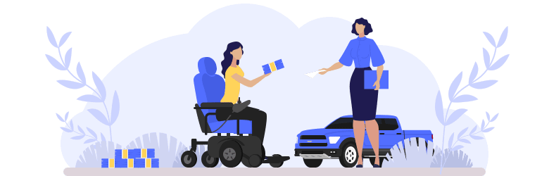 An illustration of a young woman in an automatic wheelchair is purchasing car insurance by handing a stack of cash to a female representative.