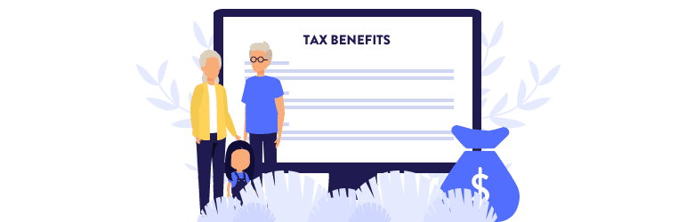 An illustration of grandparents with their grandchild, standing in front of a desktop screen showing tax benefits.