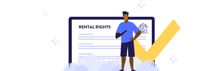 An illustration of a man with a prosthetic arm standing in front of a screen displaying rental rights.