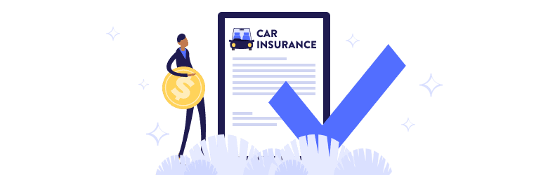 An illustration of a man holding a large coin is ready to purchase car insurance.