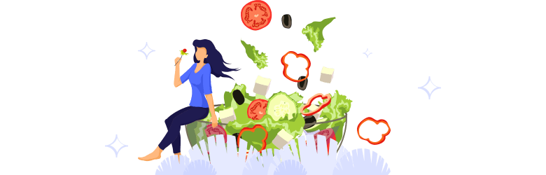 An illustration of a woman eating a fork full of salad while sitting on a large bowl.