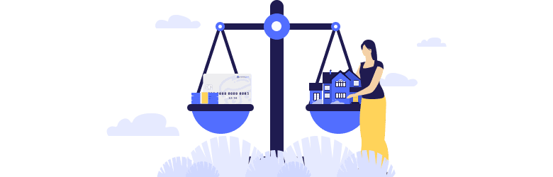 An illustration of the scale of law with a woman leaning on a mortgage loan.