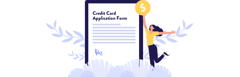 An illustration of a young woman jumping for joy with a large coin in her hand as she’s filling out her credit card application.