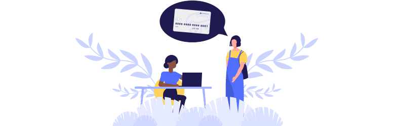 An illustration of a student and representative are discussing credit cards.