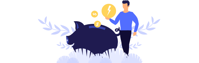 Drawing of a man holding a big electric coin and standing next to a piggy bank.