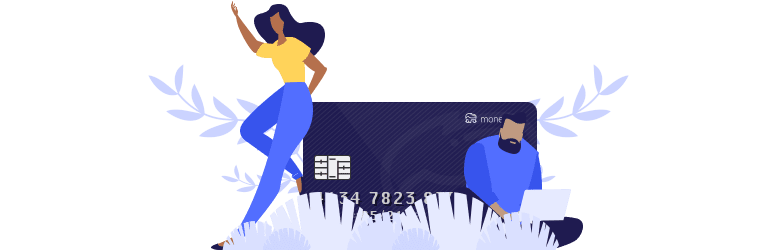 An illustration of a young woman leaning against a MoneyGeek credit card has her hand raised, and a young man on his laptop is looking for ways to travel as a DACA recipient.