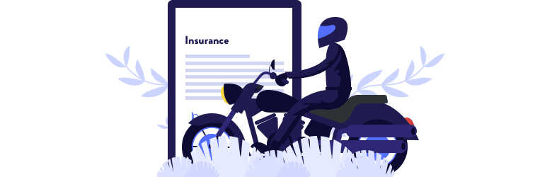 An illustration of a motorcyclist riding on their bike in front of a clipboard with an insurance policy.