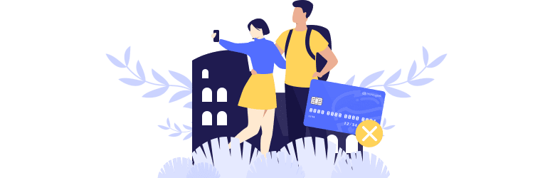 An illustration of a young couple taking a selfie together after a store declined their credit card. With travel hacking, people can face the risk of overspending and get into debt.