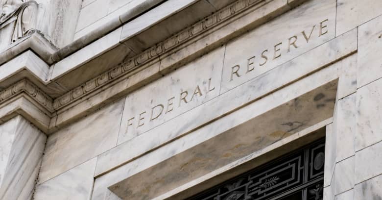 A closeup of the Federal Reserve Bank building