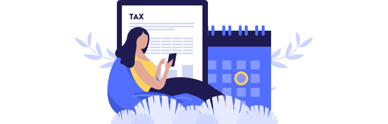 An illustration of a young woman on her cellphone learning how to do her taxes as a freelancer.