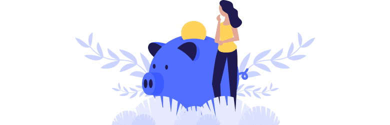 An illustration of a young woman putting a large coin into a piggy bank to save for retirement.