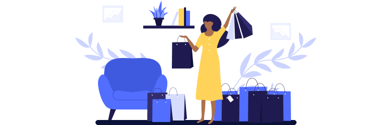 An illustration of a young woman who is enjoying the new items she bought at the store.