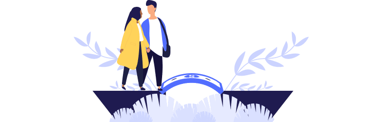 An illustration of a young couple walking over a money bridge as they work through their financial challenges together.