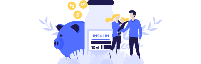 An illustration of a young couple with their daughter standing in front of an insulin bottle and a piggy bank.