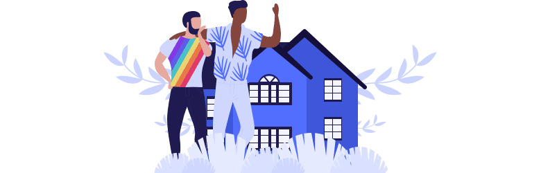 An illustration of a young gay couple exploring and looking at houses together.