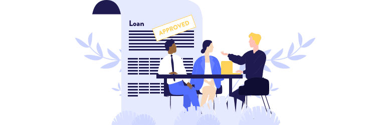 An illustration of a couple sitting at a table and discussing their VA home loan with their lender.