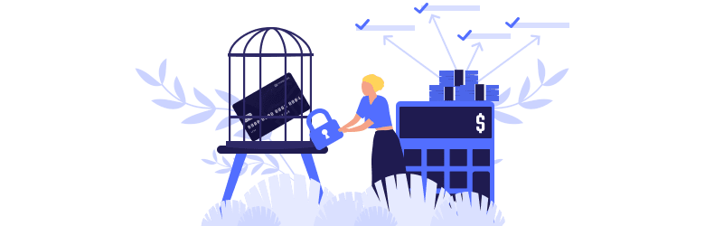 An illustrated person locking up their credit card in a cage as they continue to build their finances.