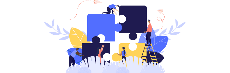 An illustrated image of four people putting together life-sized puzzle pieces.