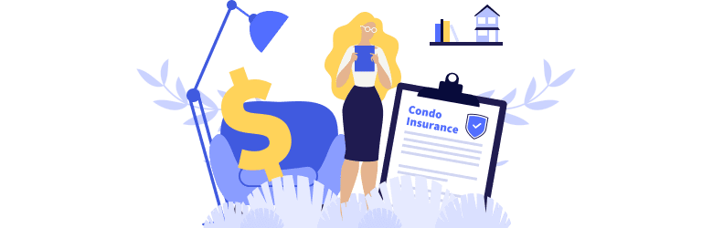 An illustrated image of a woman and a condo insurance checklist board.