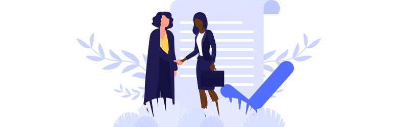 An illustration of a woman shaking hands with her auto insurance provider after she qualified for accident forgiveness. 