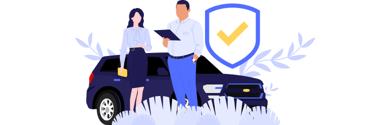 Graphic of two people standing near an SUV, one with a clipboard