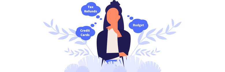 An illustration of a person associating their finances into categorizes, such as tax refunds, credit card purchases and budgeting.