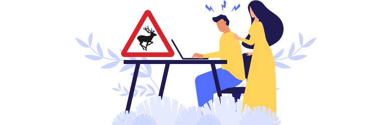 An illustration of a man looking up questions about his deer collision while his girlfriend is leaning behind him.